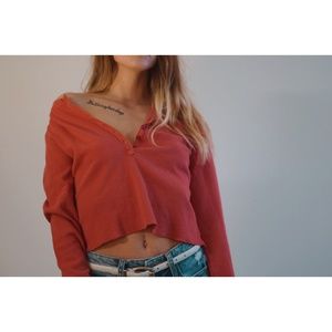 Cropped L.L.Bean waffle knit henley tee